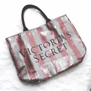 Victoria’s Secret Logo Sequin Stripe Weekender Duffle Travel Bag Pink Bling